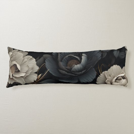 Zwarte en witte bloemen lichaamskussen (Voorkant)