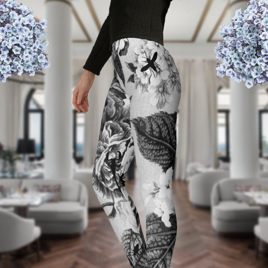 Zwarte en witte  bloemen met buik en bijen leggings