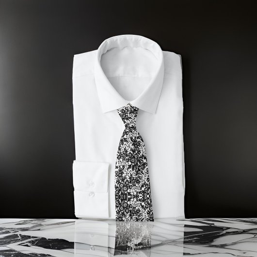 Zwarte en witte bloemen met kleine bloemetjes stropdas
