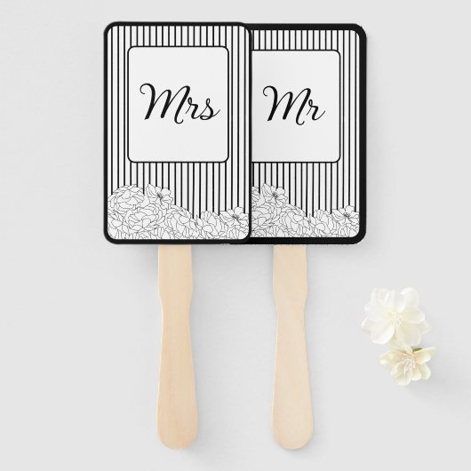 Zwarte en witte bloemen met strepen handwaaier (Voorkant en achterkant)