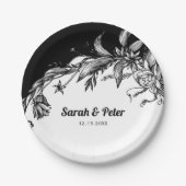 Zwarte en witte bloemen moderne typografie bruilof papieren bordje (Voorkant)