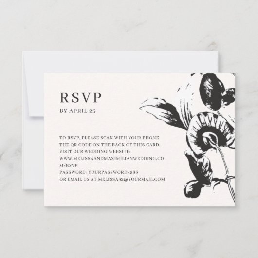 Zwarte en witte bloemen QR-code online bruiloft RS RSVP Kaartje (Voorkant)