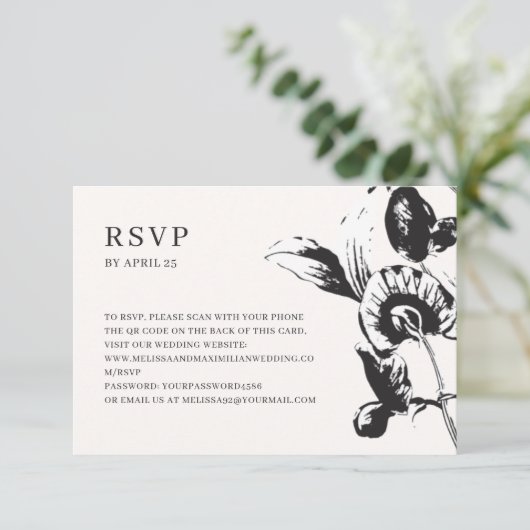 Zwarte en witte bloemen QR-code online bruiloft RS RSVP Kaartje (Staand voorkant)