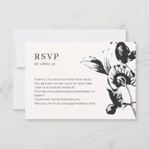 Zwarte en witte bloemen QR-code online bruiloft RS RSVP Kaartje