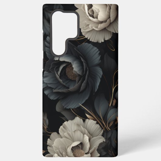 Zwarte en witte bloemen samsung galaxy hoesje (Achterkant)