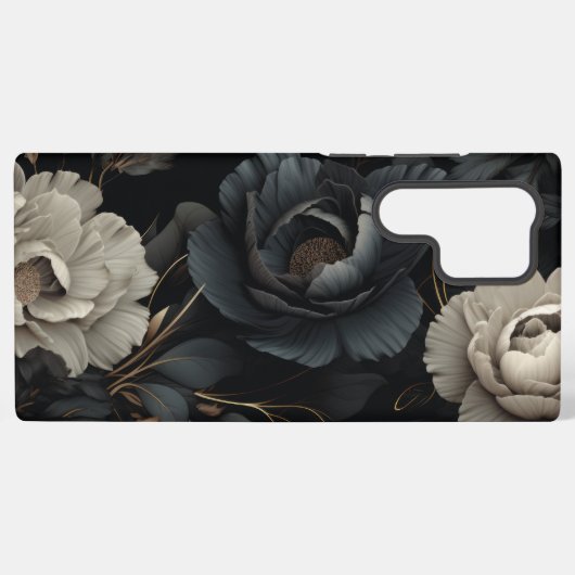 Zwarte en witte bloemen samsung galaxy hoesje (Achterkant horizontaal)