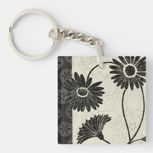 Zwarte en witte bloemen sleutelhanger (Voorkant)