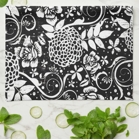 Zwarte en witte bloemen Tea Kitchen Towel Theedoek (Gevouwen)