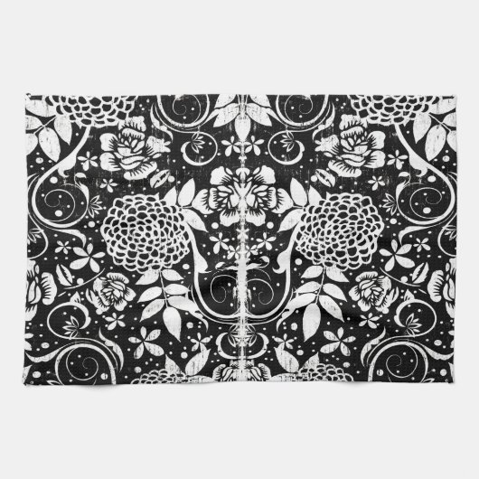 Zwarte en witte bloemen Tea Kitchen Towel Theedoek (Horizontaal)