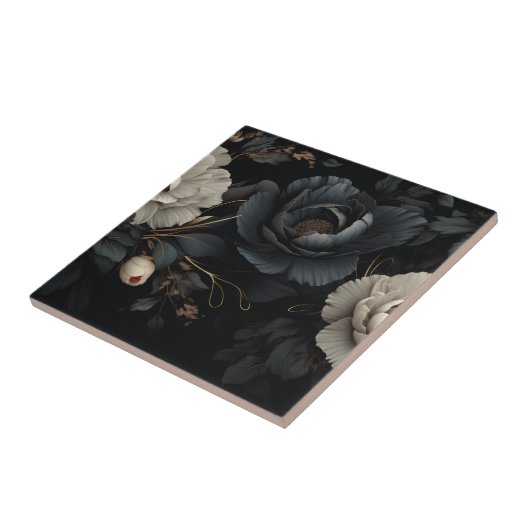 Zwarte en witte bloemen tegeltje (Zijkant)