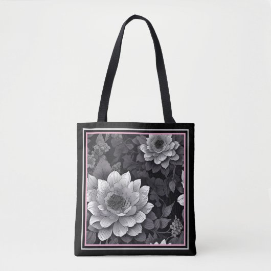 Zwarte en witte bloemen tote bag (Voorkant)
