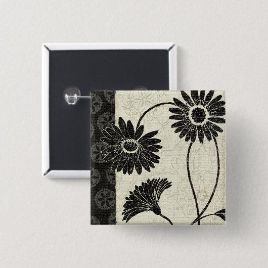 Zwarte en witte bloemen vierkante button 5,1 cm (Voorkant /achterkant)