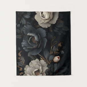 Zwarte en witte bloemen wandkleed