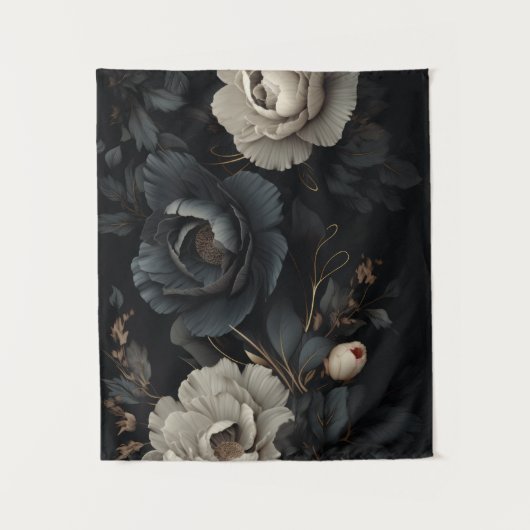 Zwarte en witte bloemen wandkleed (Voorkant)