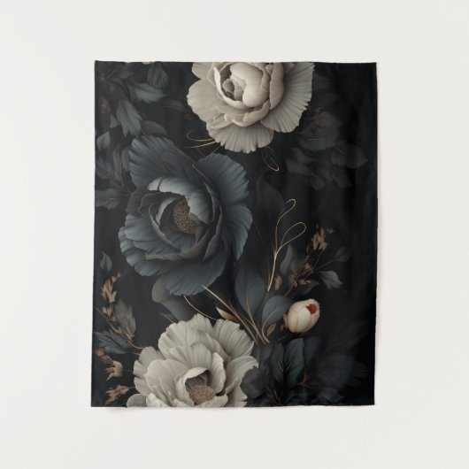 Zwarte en witte bloemen wandkleed (Voorkant)