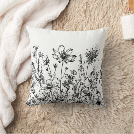 Zwarte en witte bloemen Wildflowers Kussen