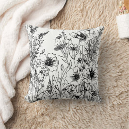 Zwarte en witte bloemen Wildflowers Kussen