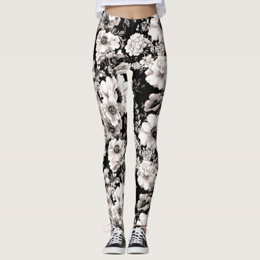 Zwarte en witte bloemige Leggings (Voorkant)