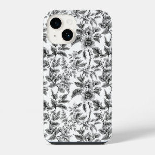 Zwarte en Witte Bloemmotief met Varens in Vintage iPhone 14 Hoesje