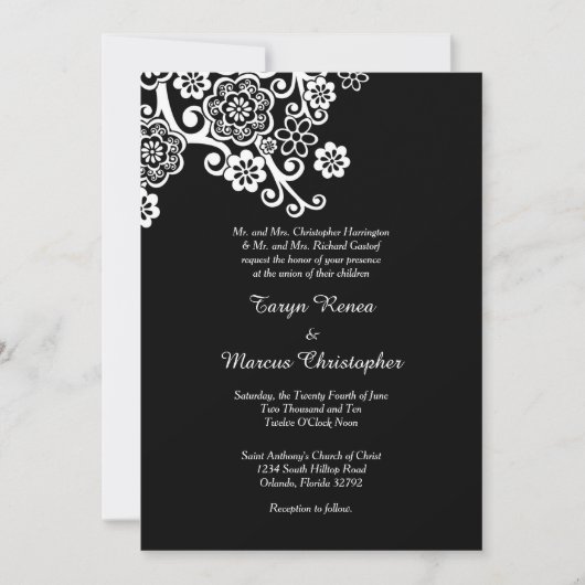 Zwarte en Witte Bloer 5x7 Uitnodiging tot bruiloft (Voorkant)