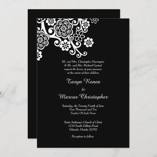 Zwarte en Witte Bloer 5x7 Uitnodiging tot bruiloft (Voorkant / Achterkant)