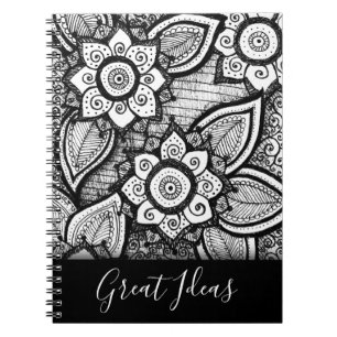 Zwarte en witte Boho Chic Mandala Floral Patronen Notitieboek