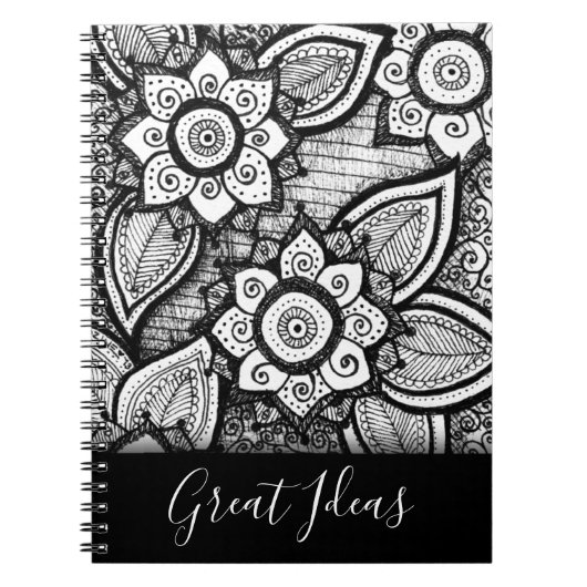 Zwarte en witte Boho Chic Mandala Floral Patronen Notitieboek (Voorkant)