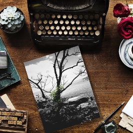 Zwarte en witte bomen met groene wijnstokken briefkaart