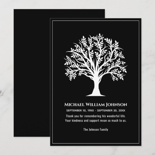 Zwarte en witte boom van het leven begrafenismonum bedankkaart (Voorkant / Achterkant)