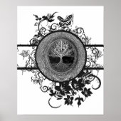 Zwarte en witte boom van het leven met Bloemen Poster (Voorkant)