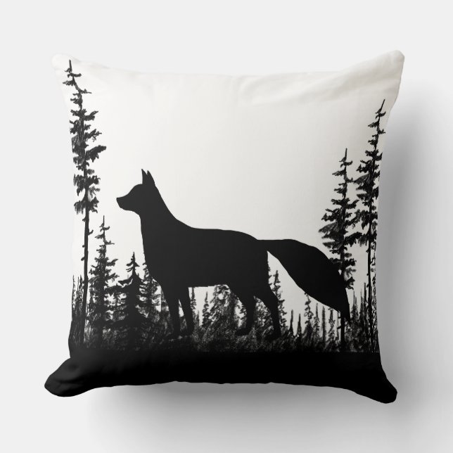 Zwarte en witte bossen Pine Forest Fox Kussen (Voorkant)