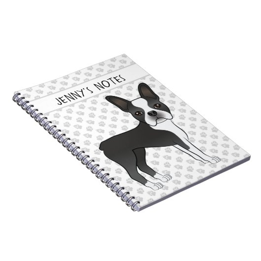 Zwarte en Witte Boston Terrier Cartoon Dog & Text Notitieboek (Rechterzijde)
