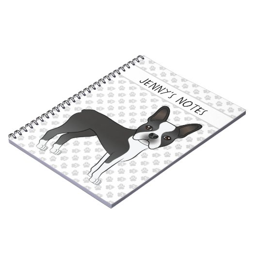 Zwarte en Witte Boston Terrier Cartoon Dog & Text Notitieboek (Linkerzijde)