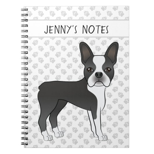 Zwarte en Witte Boston Terrier Cartoon Dog & Text Notitieboek (Voorkant)