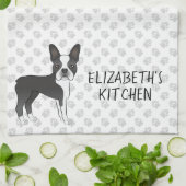 Zwarte en Witte Boston Terrier Cartoon Dog & Text Theedoek (Gevouwen)