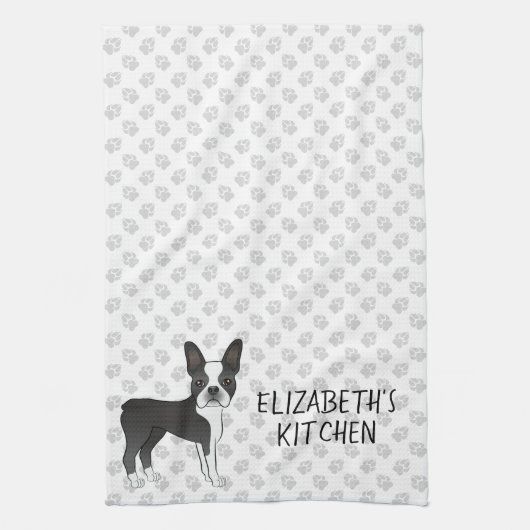 Zwarte en Witte Boston Terrier Cartoon Dog & Text Theedoek (Verticaal)