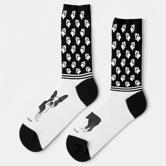 Zwarte en Witte Boston Terrier met naam en poten Sokken (Links)