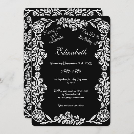 Zwarte en witte botanische bloem 30e verjaardag kaart (Voorkant / Achterkant)
