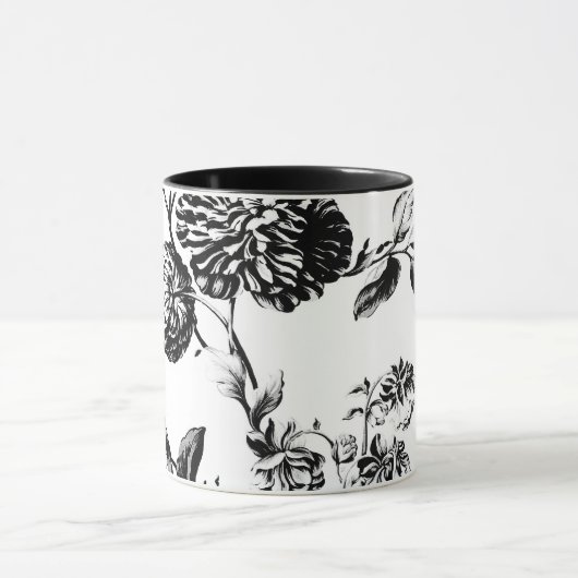 Zwarte en witte botanische Floral Toile Mok (Midden)