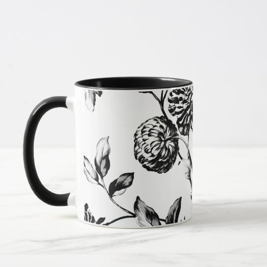 Zwarte en witte botanische Floral Toile Mok (Links)