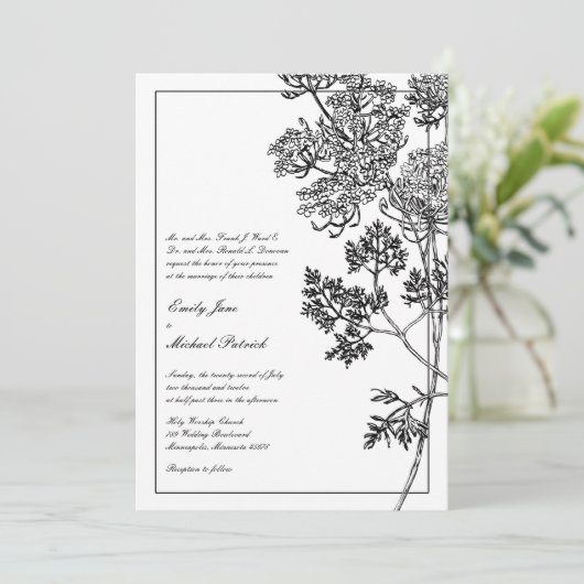 Zwarte en witte botanische illustratie bruiloft kaart (Staand voorkant)