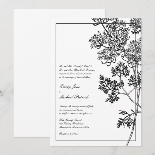 Zwarte en witte botanische illustratie bruiloft kaart (Voorkant / Achterkant)