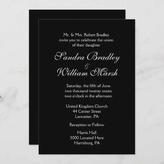 Zwarte en witte bruiloft kaart (Voorkant / Achterkant)