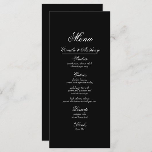 Zwarte en witte bruiloft menu (Voorkant / Achterkant)