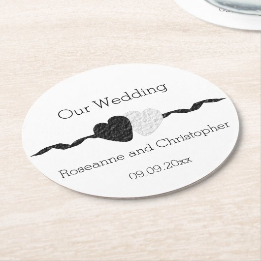Zwarte en witte bruiloft ronde kartonnen onderzetter (Gebogen)