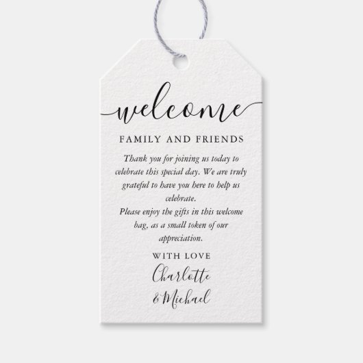 Zwarte en witte bruiloft voor welkomstmandje cadeaulabel (Voorkant)