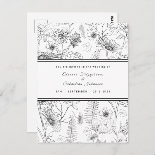 Zwarte en witte bruinbloem bruiloft briefkaart (Voorkant / Achterkant)