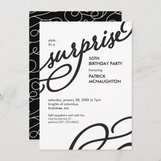 Zwarte en witte bruine verrassingsfeest kaart (Voorkant / Achterkant)