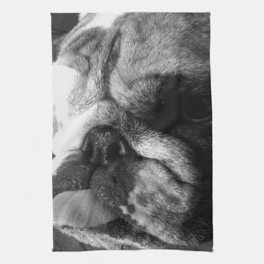 Zwarte en Witte Bulldog Puppy Theedoek (Verticaal)