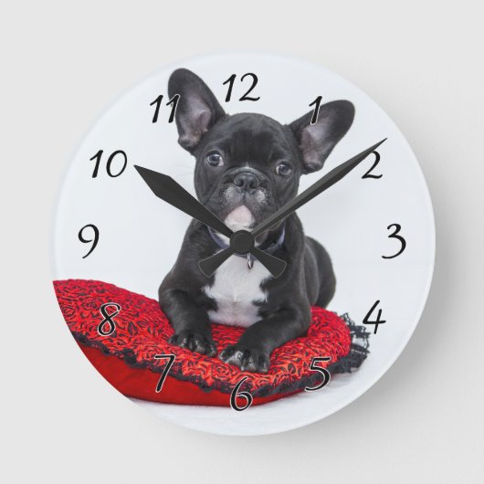 Zwarte en Witte Bulldog Terrier op Red Pillow Ronde Klok (Voorkant)